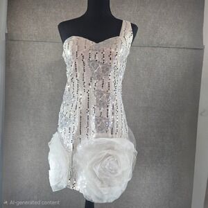 Miss Minuet Women M Ivory Silver‎ Sequin Rosette Shoulder Cocktail Dress MD-4523